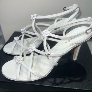 CHANEL White Floral Strappy Heels